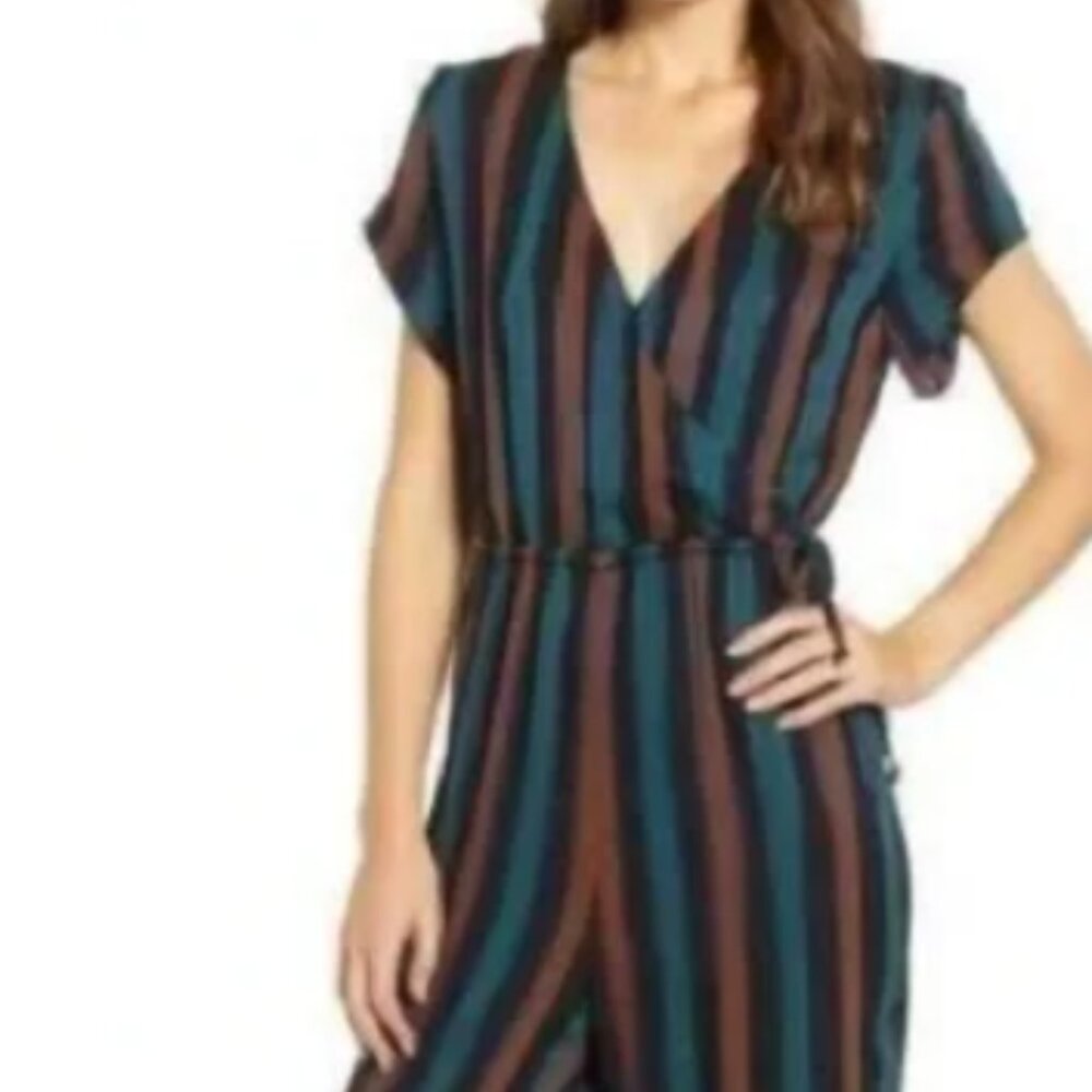 Madewell Kent Short Sleeve Wrap Boho Striped Low V Cut Jumpsuit A7